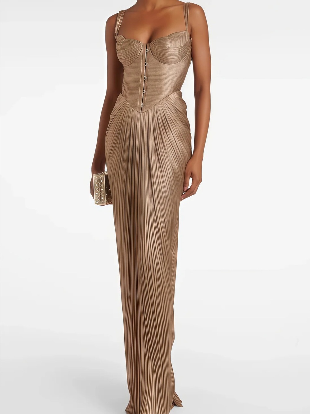 Pleated Corset Maxi Dress in Taupe